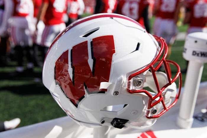 Oct 7, 2023; Madison, Wisconsin, USA; General view of a Wisconsin Badgers helmet during the game against the Rutgers Scarlet Knights at Camp Randall Stadium. Mandatory Credit: Jeff Hanisch-USA TODAY Sports